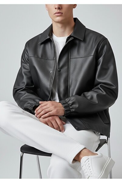 ATKGİYİM سترة جلدية صناعية للرجال بلون كريمي أسود مع سحاب - سترة جلدية مريحة ...