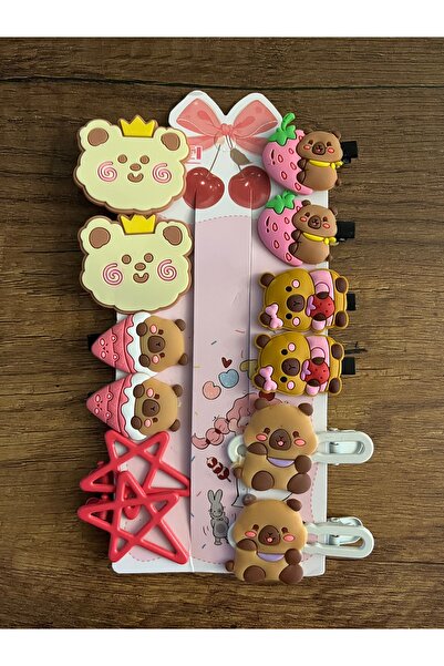 gülümse gel Kız Çocuk Capybara 12'li Pensli Toka Kapibara Yıldızlı Yıldız Pen...