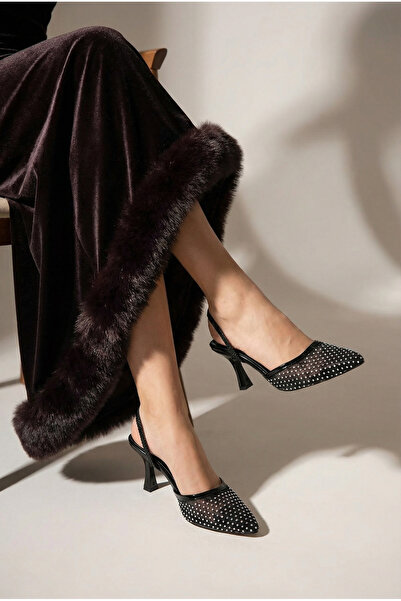 Savves Luna Women's Transparent Black Stone Detailed Pointed Toe Open Back Ev...