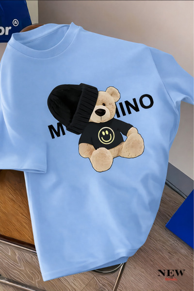New Shine Black and White Teddy Bear Printed Oversized T-Shirt