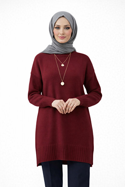 KAREL BUTİK Bordo Bisiklet Yaka Oversize Kadın Kazak Tunik