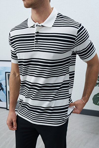 duo fideles Men's Regular Fit Cotton Soft Textured Striped Polo Neck T-Shirt