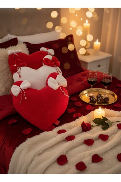 Türkühome Valentine's Day Special Heart-Shaped Decorative Throw Pillow |   With a Bow
