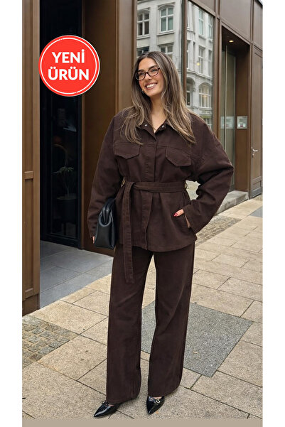 Perryes Women's Tied Denim Suit Oversized Jacket and Pants Brown