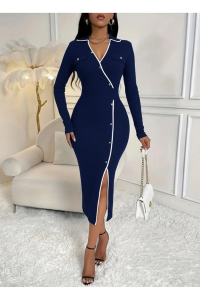 nedo7 فستان طويل نسائي بأكمام طويلة وياقة وجيب وأزرار وتفاصيل مشقوقة من قماش ...