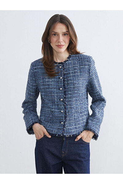 LC Waikiki LCWAIKIKI Classic Lacivert Bisiklet Yaka Ekose Kadın Tüvit Ceket S...