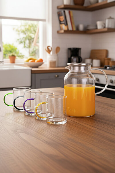 Amandus Detox - 5 Parça Vakumlu Çelik Kapaklı Sürahi Borosilikat Cam Sürahi B...