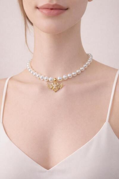 MELEK KANATLI KALP İNCİ CHOKER