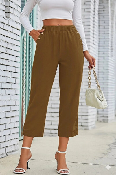 nedo7 بنطلون كابري نسائي من الكتان المستورد مع أزرار وجيب مرن