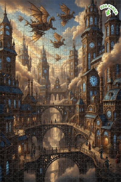 Teona Ahşap Steampunk Ejderha Şehri Yağlı Boya Görünümlü Çift katlı Çerçeveli...
