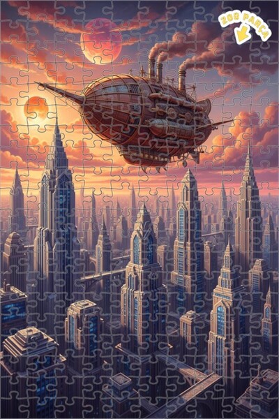 Teona Ahşap لوحة زيتية لمنظر مدينة السفن الهوائية الغامضة، لغز خشبي بإطار ذو ...