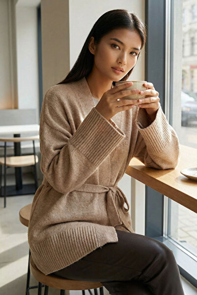 bacc Women's Beige Belted Long Knit Cardigan Bchpk-251237