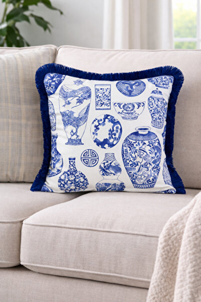 PELİNDEN Blue Blanc Vazo Desen , Saks Saçaklı Kırlent Kılıfı 43x43 cm