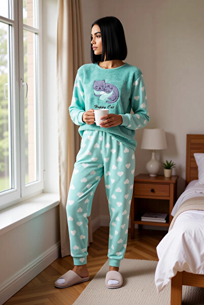 BENERLY Set de pijamale din fleece pentru femei, cu gât crew, mâneci lungi, c...