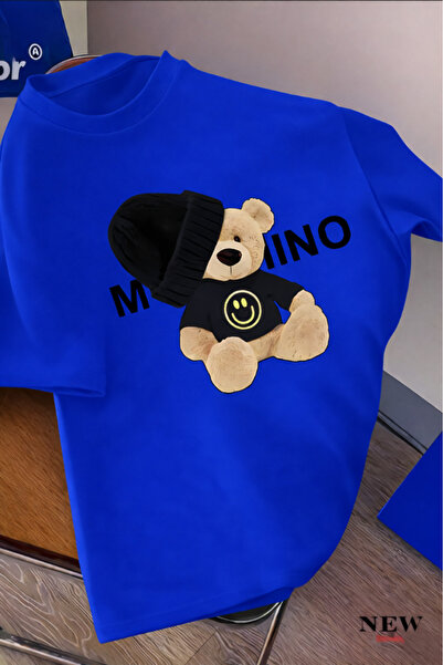 New Shine Black and White Teddy Bear Printed Oversized T-Shirt