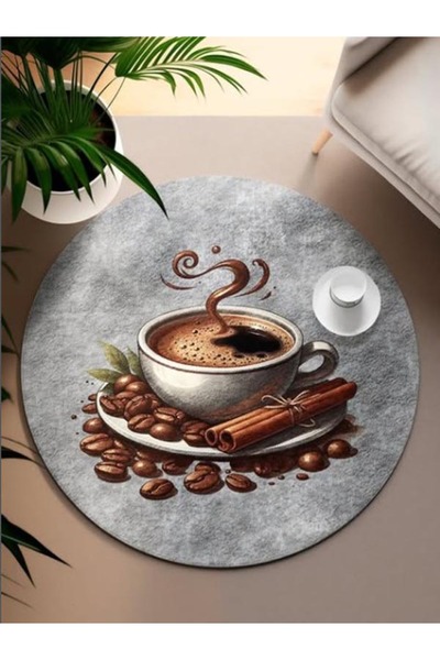 PRINTOPIA Kahve Temalı Yuvarlak Kaymaz Taban Makinede Yıkanabilir Dekoratif M...
