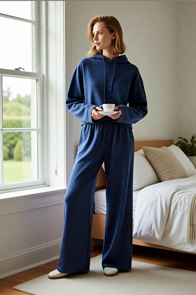 BENERLY Women's Hooded Low Arm Long Sleeve Wide Fit Knitted Pajama Set