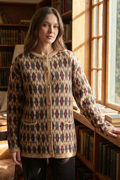 bacc Women's Beige Diamond Patterned Buttoned Pocketed Knit Cardigan Bchpk-25...