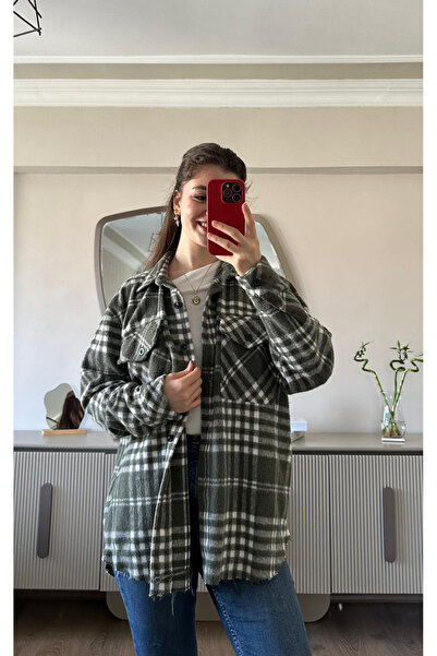 MODA Oversized Khaki Green Checkered Plaid Patterned Women's Shirt