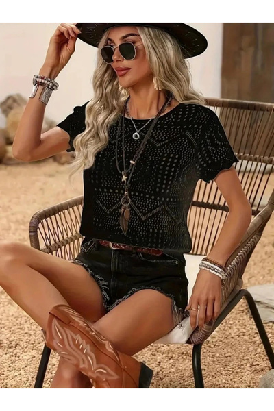 nedo7 Women's Short Sleeve Crew Neck Patterned Knitwear Blouse