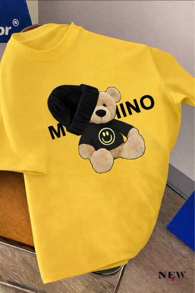 New Shine Black and White Teddy Bear Printed Oversized T-Shirt