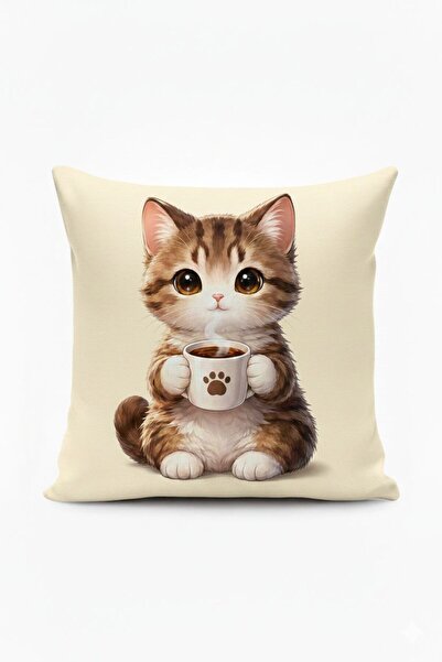 Elay Tekstil Double Sided 43X43 cm Digital Printed Decorative Pillowcase - Coffee Lover Cat Series