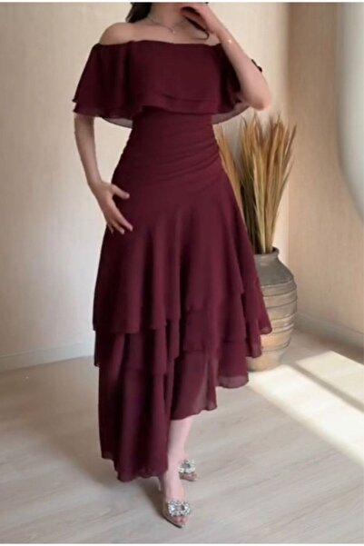 Azyaa Al-Amira Maroon chiffon evening dress with feminine layers - a soft, re...