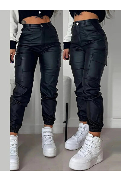 nedo7 Women's High Waist Side Cargo Pocket Detailed Leather Pants