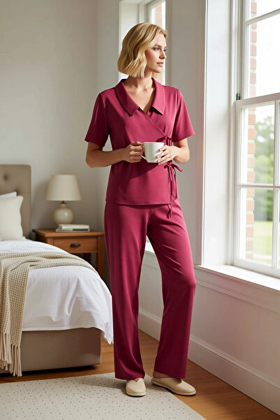 BENERLY Γυναικείο σετ πιτζάμες με κοντό μανίκι με διπλό γιακά, υφαντό Shally,...