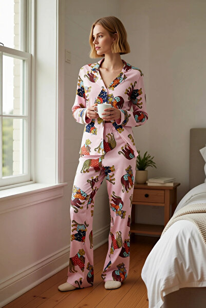 BENERLY Women's Shirt Collar Long Sleeve Kaplan Printed Pajama Set Regular Fi...