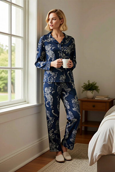 BENERLY Cămașă de damă cu guler standard, mânecă normală, set de pijamale țes...