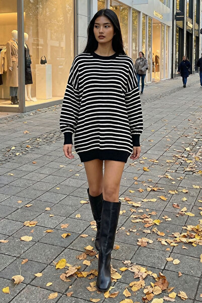 bacc Women's Black Striped Crew Neck Striped Knitwear Mini Dress Bchpk-251240