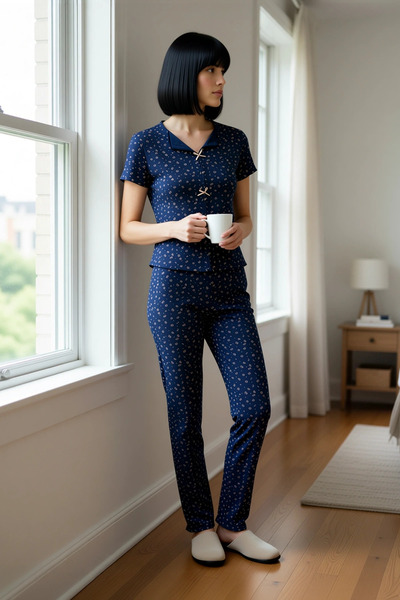 BENERLY Women's V-Neck Short Sleeve Floral Pointel Knitted Pajama Set Functio...