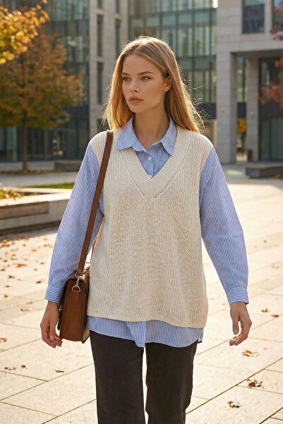 bacc Women's Ecru Shirt Detailed V-Neck Knitwear Sweater Blouse Bchpk-251251