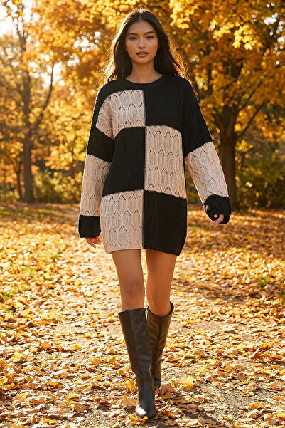 bacc Rochie mini tricotat cu model guler rotund pentru femei, ecru, negru, BC...