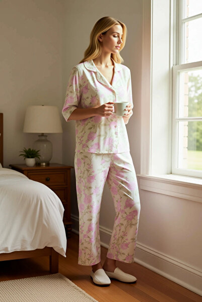 BENERLY Women's Shirt Collar Three Quarter Sleeve Regular Fit Woven Pajama Se...