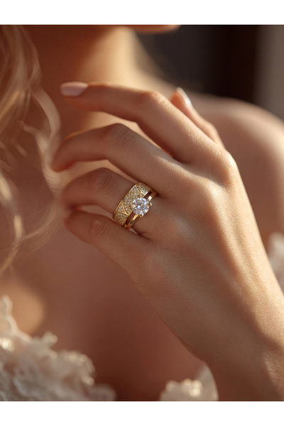 Çelikoğlu Kuyumculuk 8 AYAR ALTIN TWİT ALYANSLI TEK TAŞ YÜZÜK 3,16