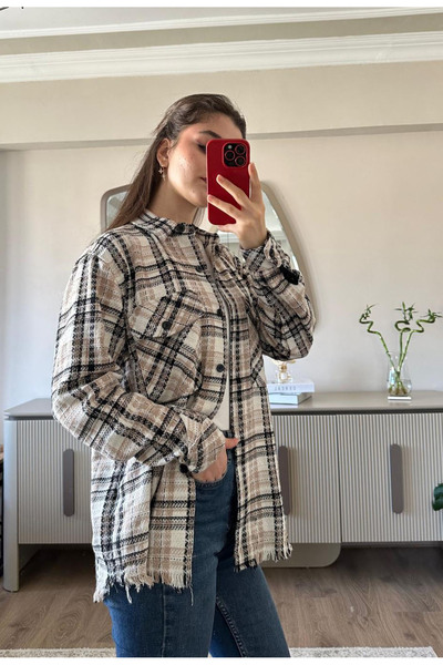 MODA Cămașă cu model supradimensionat din țesătură Chanel în carouri maro pen...