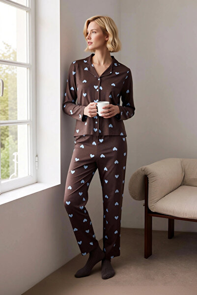 BENERLY Women's Shirt Collar Standard Sleeve Fitted Heart Pattern Pajama Set ...