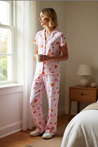 BENERLY Women's Shirt Collar Short Sleeve Leisure Patterned Pajama Set Regula...