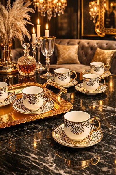 Paçi 6-Piece Stylishly Designed Gilded Porcelain Coffee Cup Set