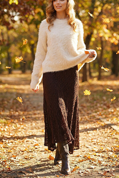 bacc Women's Bitter Brown Asymmetrical Cut Lined Lace Skirt Bchzck-251260