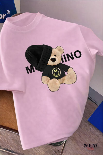 New Shine Black and White Teddy Bear Printed Oversized T-Shirt