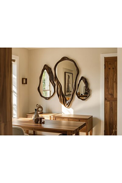 WoodNResinood Japandi Stil Dekoratif Duvar Aynası Seti - Organik Form 3'lü set