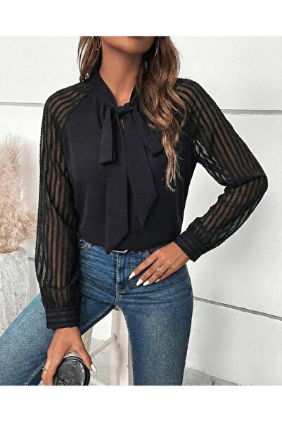 nedo7 Women's Long Sleeve Raglan Sleeve Detailed Tulle Neck Tie Sandy Blouse