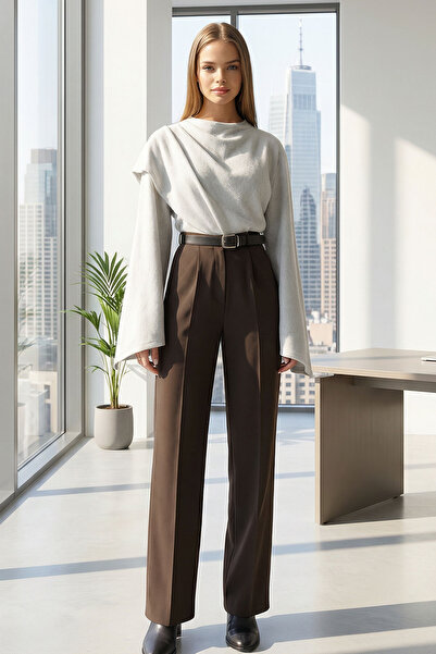 bacc Women's Brown Belted Button Closure Double Pocket Palazzo Pants Bchav-25...