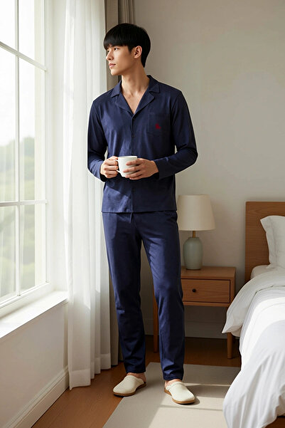 BENERLY Set de pijamale pentru bărbați, cu guler Apaş, cu mâneci lungi, broda...