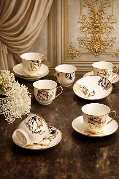 Paçi 6-Piece Stylishly Designed Gilded Porcelain Coffee Cup Set