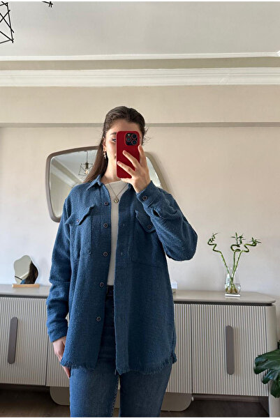 MODA Women's Blue Chanel Fabric Oversized Patterned Shirt