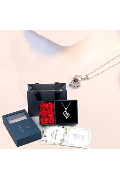 OEM Set Cutie albastra cu 6 trandafiri din sapun si lant cu pandantiv in form...